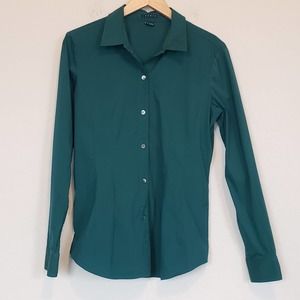 Theory Dark Green Classic Fitted Button Front Shirt Blouse